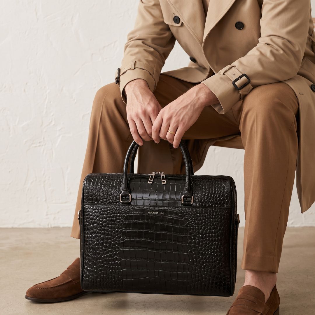 Croc-Embossed Genuine Leather Briefcase