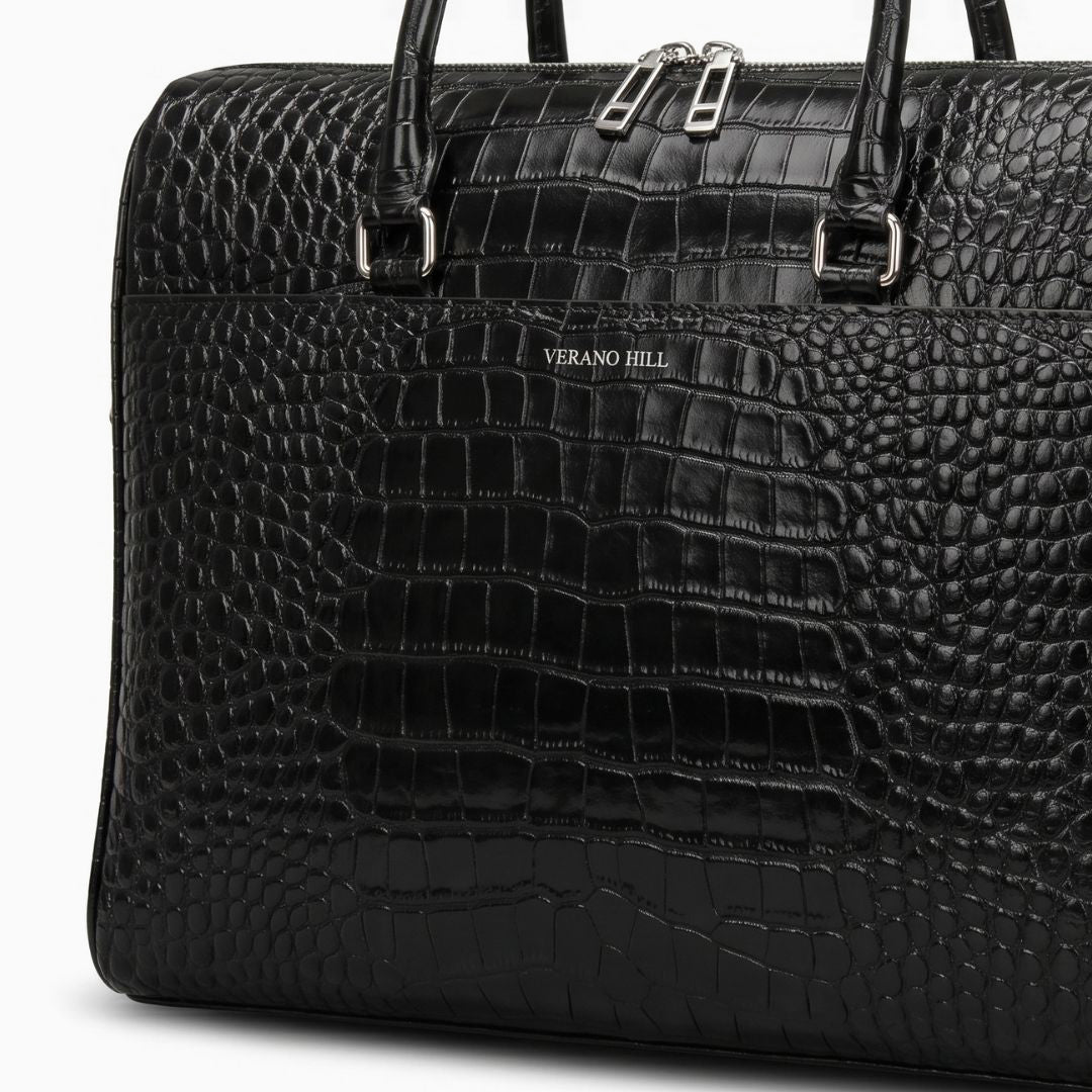 Croc-Embossed Genuine Leather Briefcase