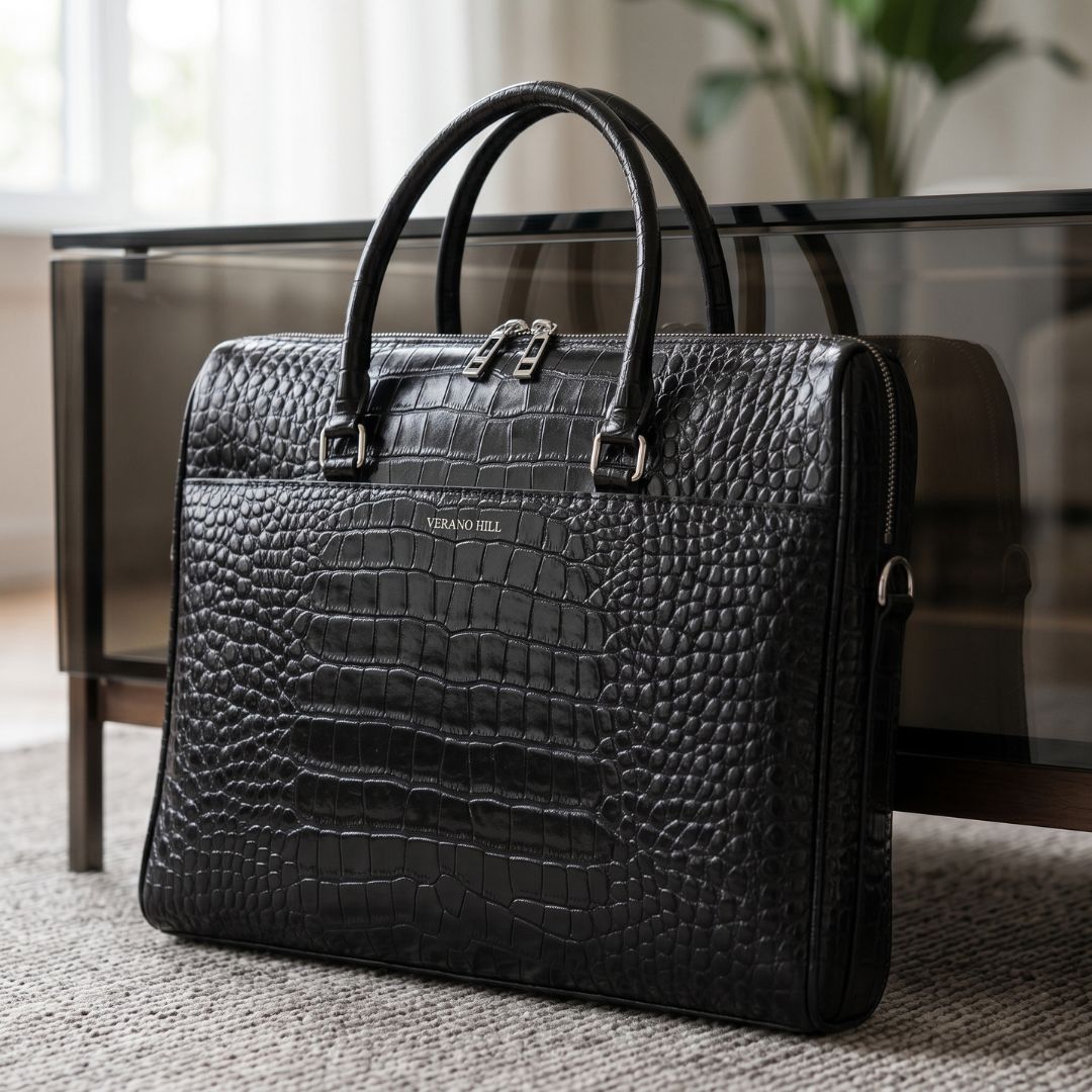 Croc-Embossed Genuine Leather Briefcase